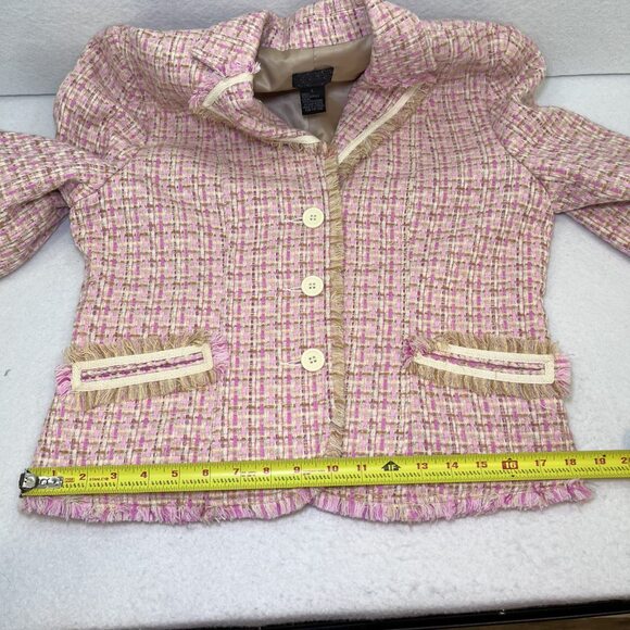 Moa Moa cropped fringe blazer jacket tweed pink tan cream women L - Picture 11 of 14